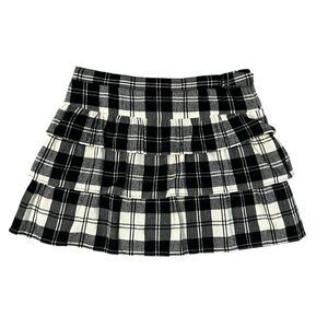 Theory Wool Blend Plaid Tiered Mini Skirt Black White Womens 10